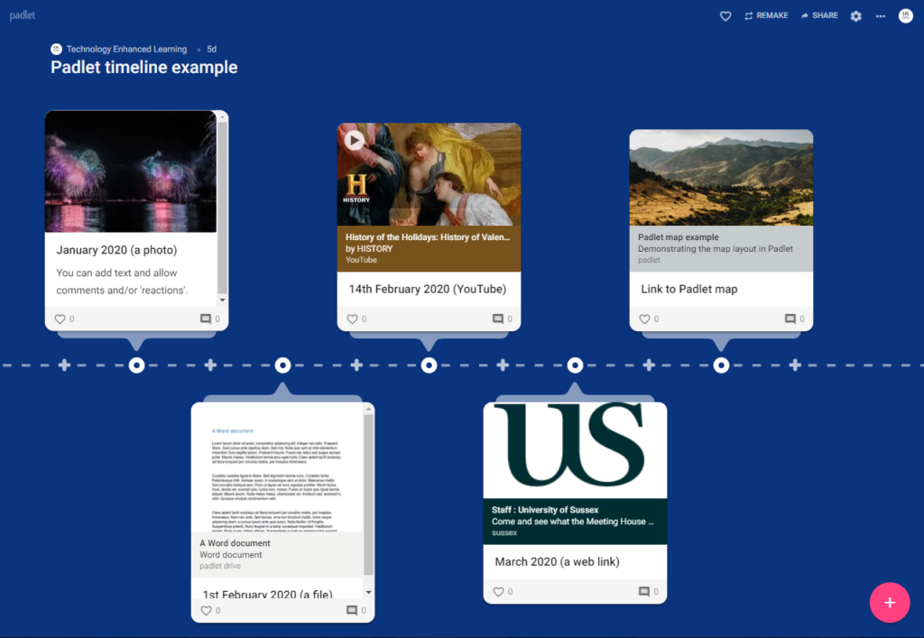Example of a Timeline Padlet https://uofsussex.padlet.org/tel34/k8bg3s8uezg1