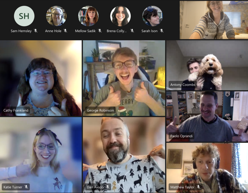 Screenshot of a Teams meeting showing members of the TEL team wearing pyjamas with their thumbs up.
